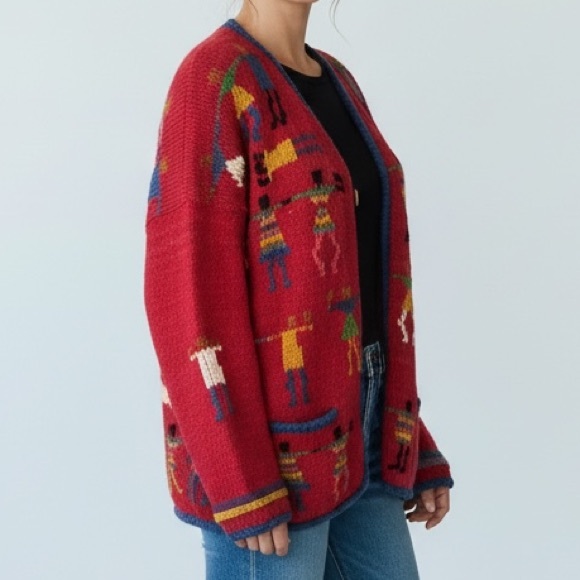amano Sweaters - Amiano Handknit Bolivia Wool Cardigan Red Folk Art Sweater Vintage